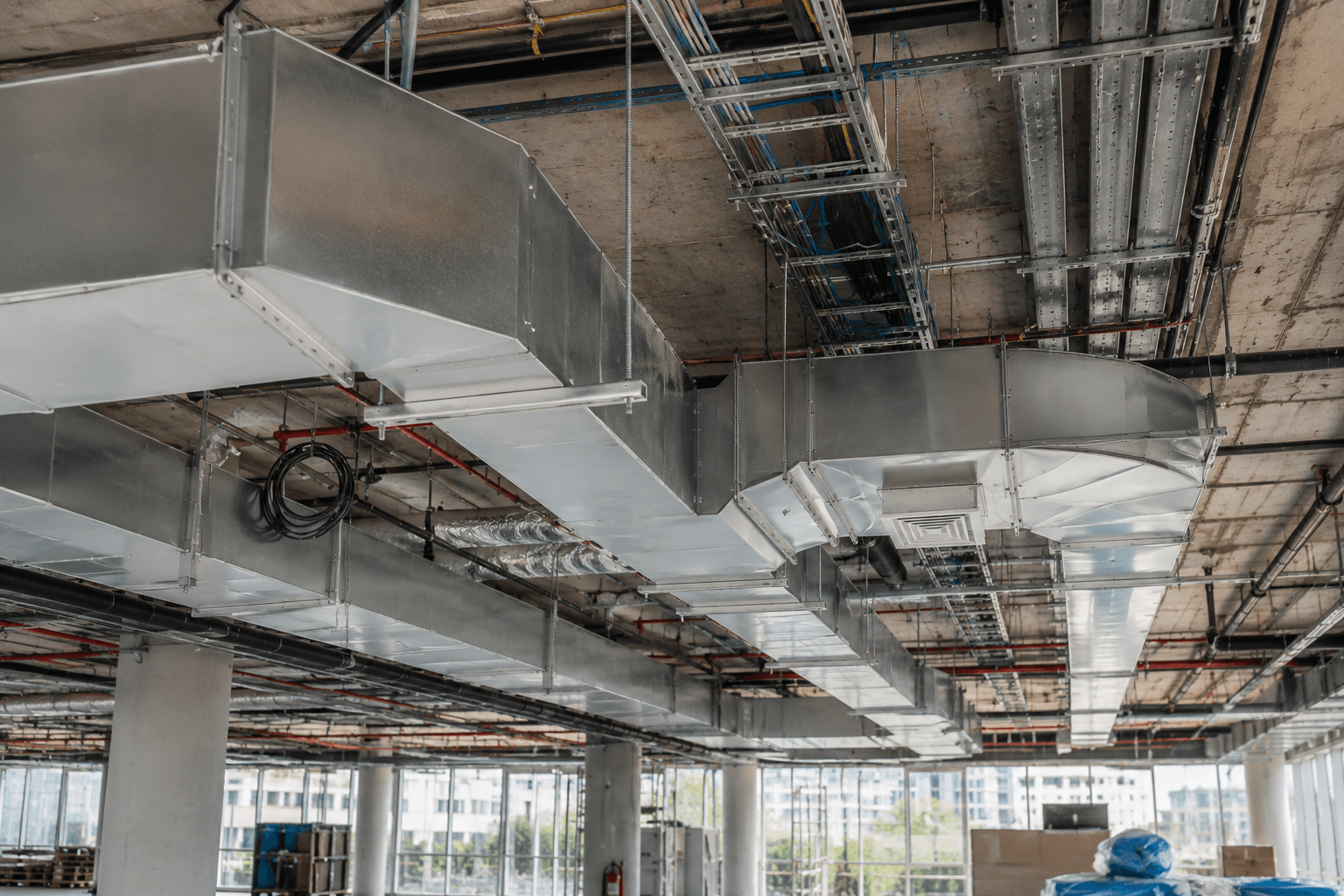 Instalação de dutos galvanizados em edifício comercial