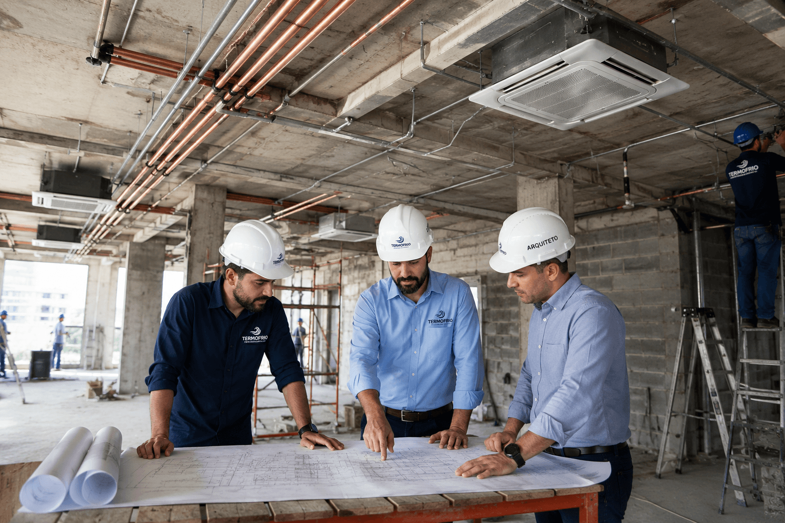 Engenheiros e arquiteto analisando planta em obra, com capacetes Termofrio