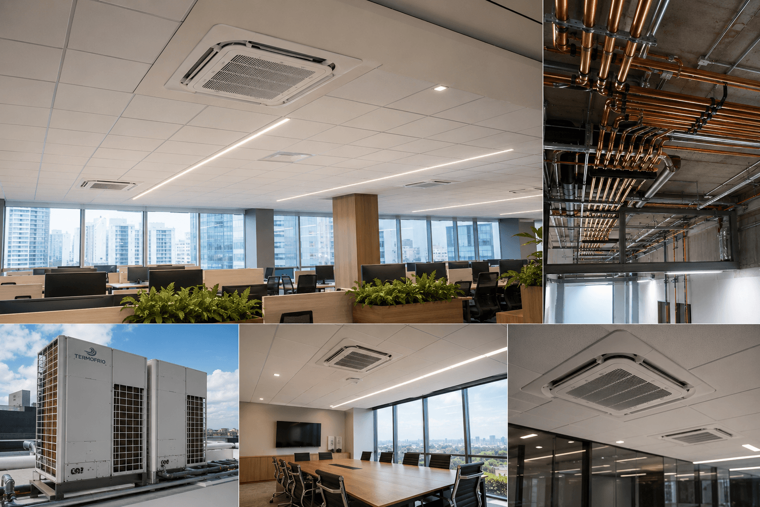 Colagem de obras Termofrio: cassete em escritório, tubulação de cobre, unidade externa VRF e sala de reunião