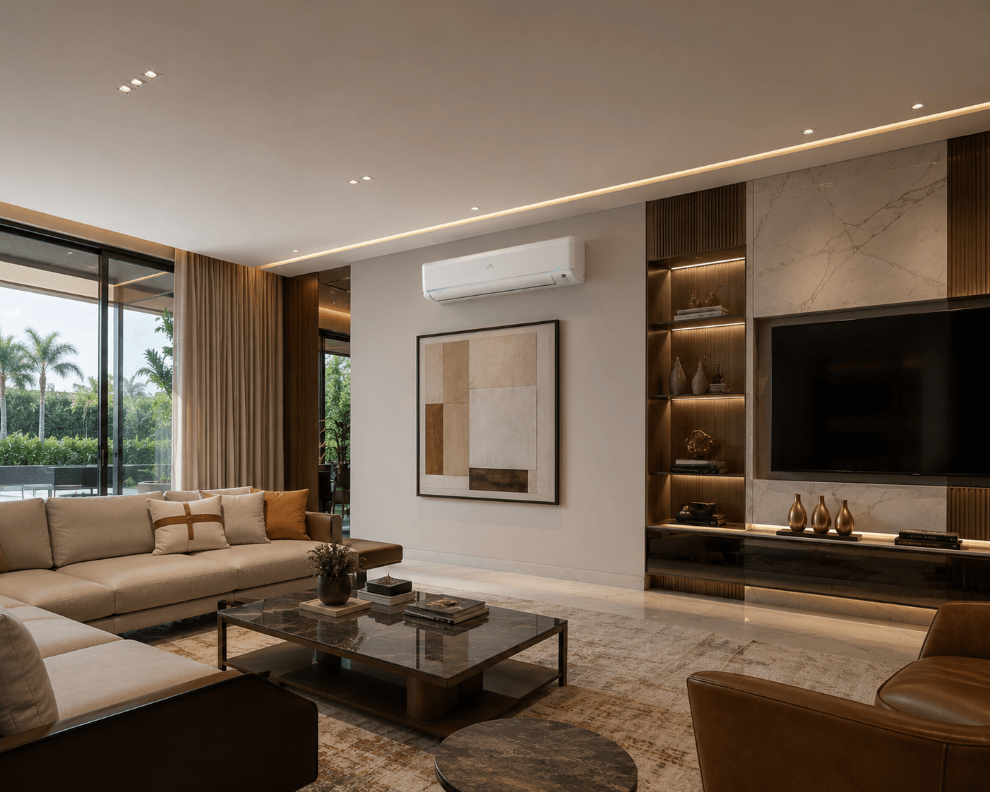 Sala de estar luxuosa com split hi-wall instalado discretamente