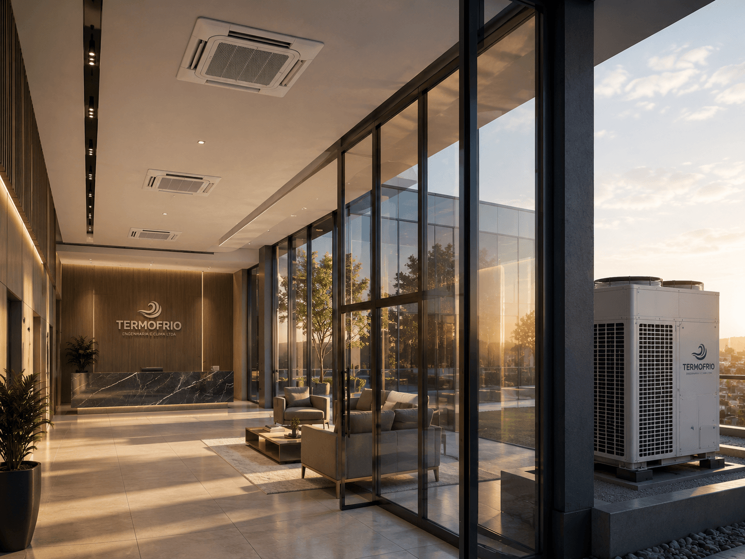 Lobby corporativo climatizado por sistema VRF com unidade externa Termofrio ao pôr do sol